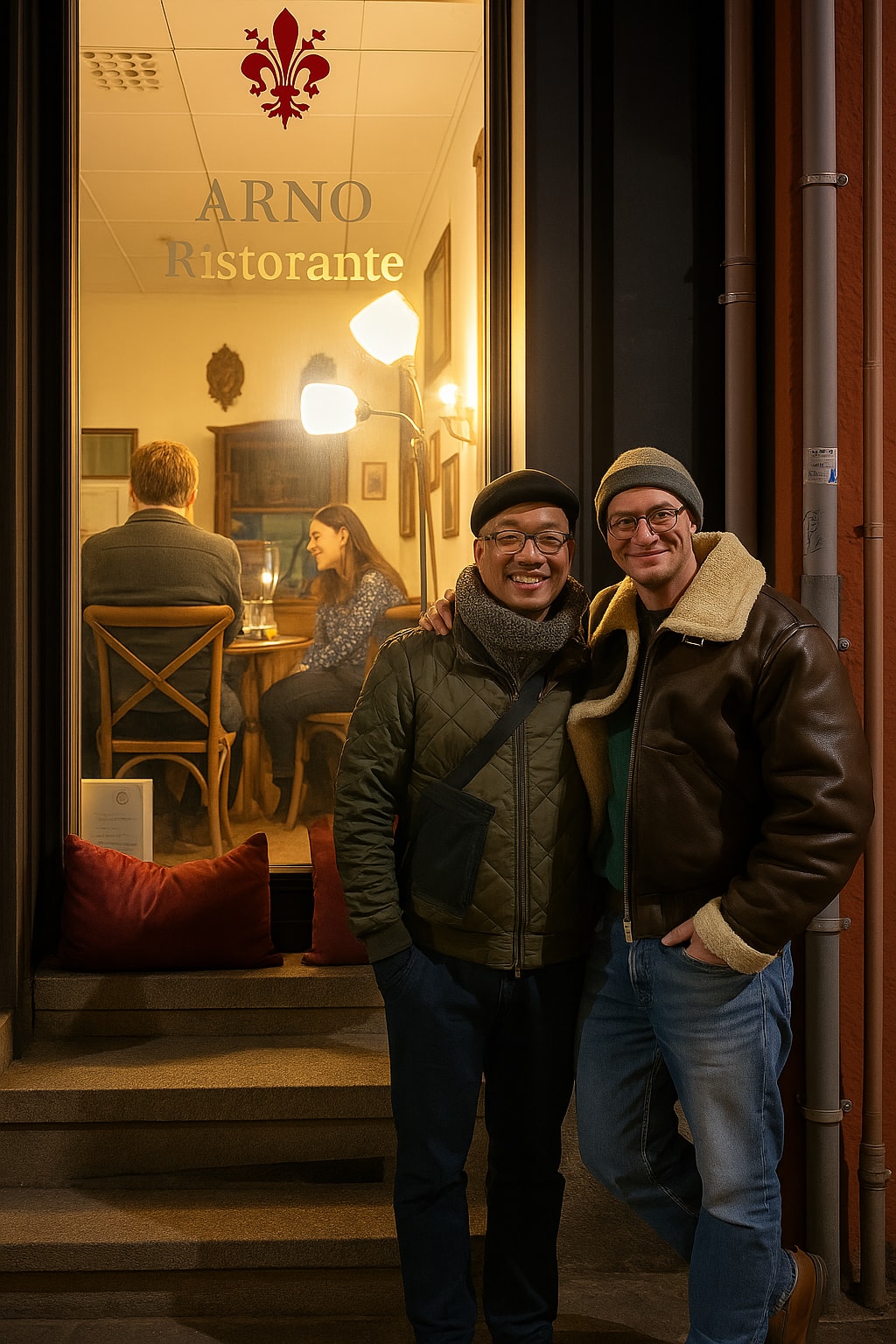 Arno Ristorante fasade om kvelden, varmt lys gjennom vinduet