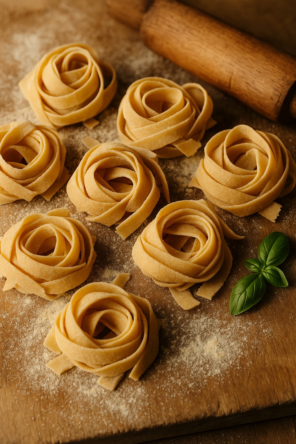 Håndlagd italiensk tagliatelle på melstrødd treplate