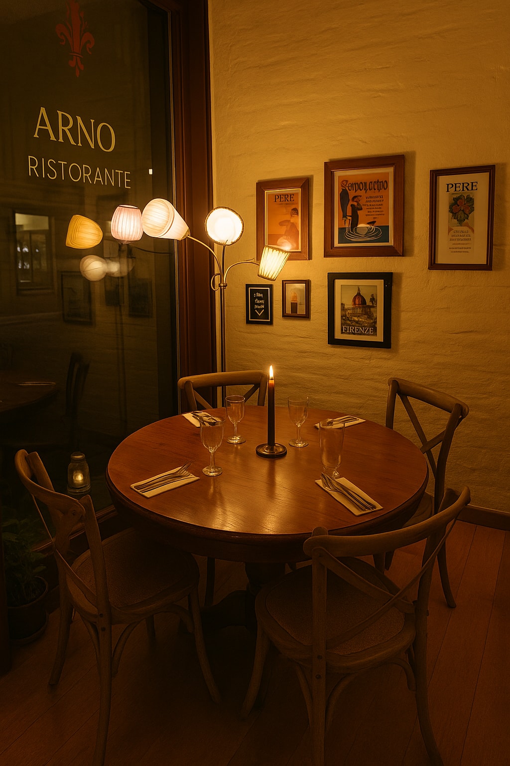 Det varme interiøret hos Arno Ristorante — et bord ved vinduet, levende lys, vintage italienske plakater