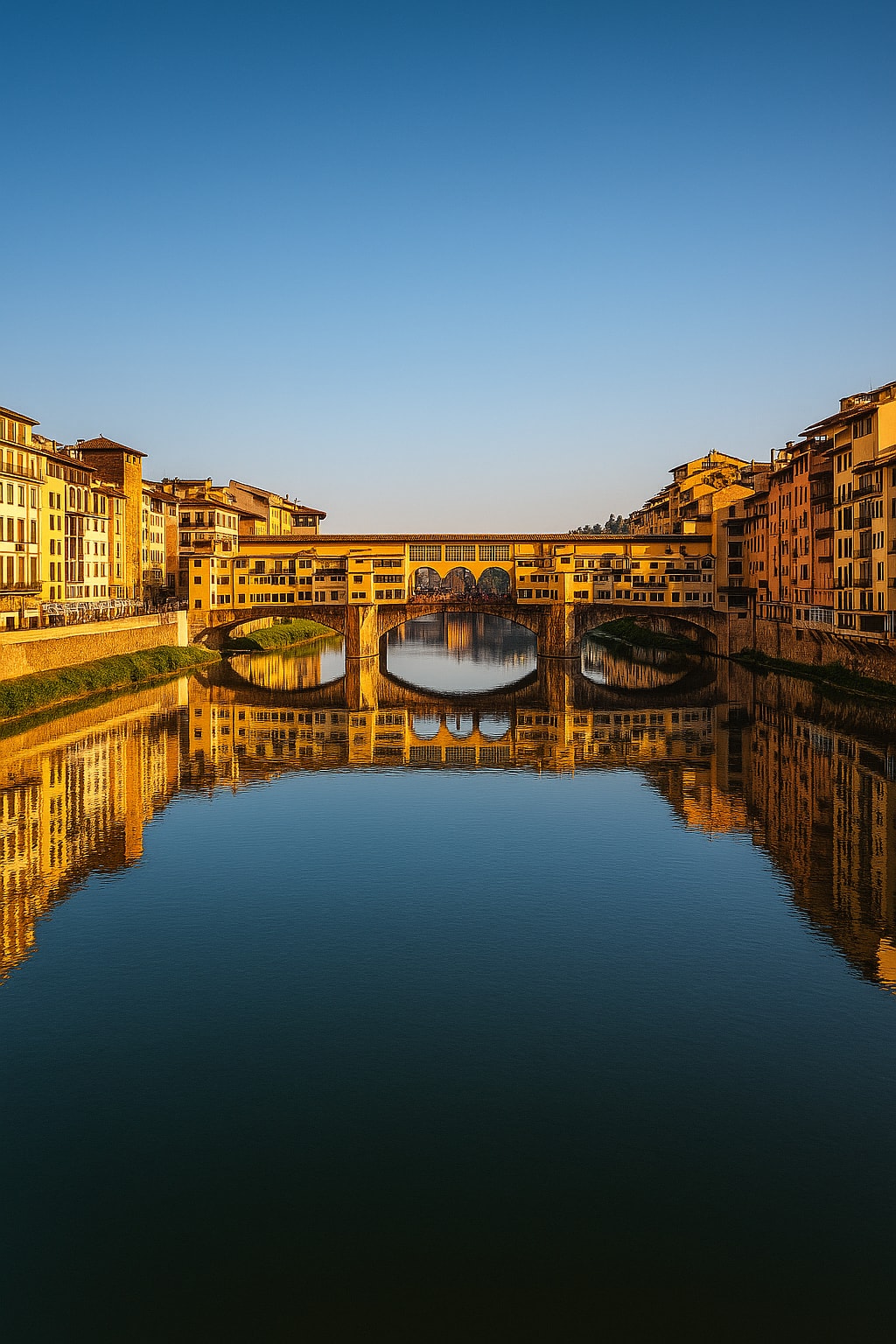 Ponte Vecchio over elven Arno i Firenze i gyllent kveldslys